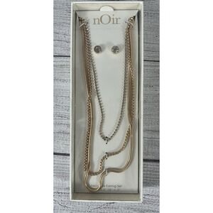 nOir Rose Gold Tone Layered Chain & Rhinestone Necklace Set W Stud‎ Earrings NIB